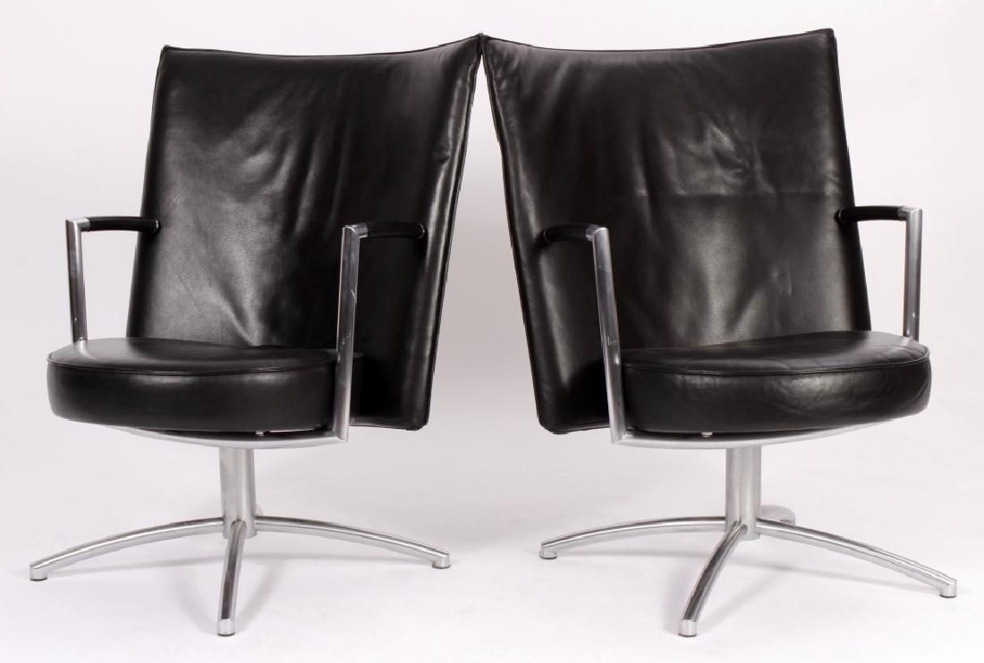 Pr. of Foersom+Hiort-Lorenzen Chairs by Jorgensen: Pair of Johannes Foersom + Peter Hiort-Lorenzen Black Leather and Steel EJ-70 Swivel Chair, manufactured by Erik Jorgensen,Denmark, matte steel finish, makers label to underside(2 Pcs) (MBUY8104/2){MM