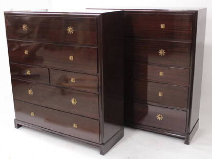 Pair of Parzinger Chests, Brass Hardware, c. 1950.: Pair of Tommi Parzinger for Charak Modern, Lacquered Mahogany Chests, c. 1950, drawers with distinctive brass hardware. (MCON2204/2){WK} Measurements: 54 H x 48 W x 18 D