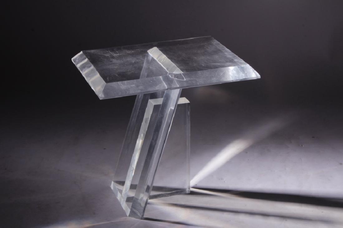Midcentury Plexiglass Side Table, Asymmetric Base: Midcentury Plexiglass Side Table with asymmetric base. (MCON1212){WK} Measurements: 20 H x 20.5 L x 15.5 W