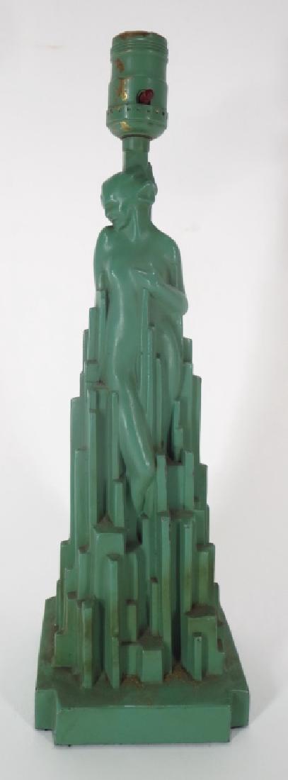 Frankart Art Deco lamp, Nude in cityscape: Frankart Art Deco lamp, Nude in cityscape Copyright 1928, Pat # D77203 (DLYO2301){PR} Measurements: 15.25 to socket top