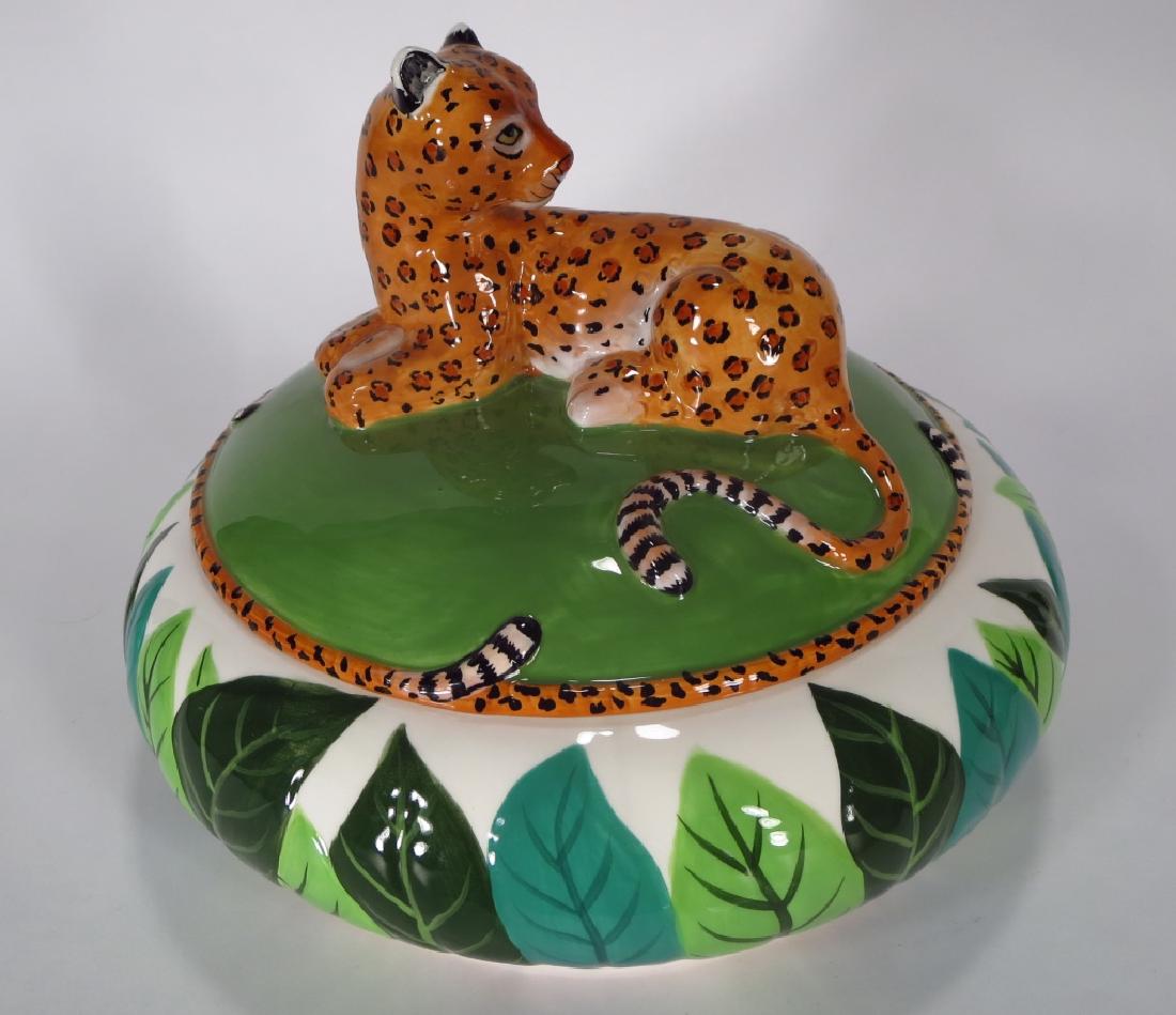 Lynn Chase Jaguar Jungle Jubilee Tureen 2006: Lynn Chase Atelier Jaguar Jungle Jubilee Covered Tureen, hand-painted with jaguar handle and painted turtle at bottom of tureen. 2006 (ACOR2405){AC} Measurements: 8" h x 11" dia