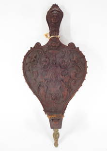 Luigi Frullini Carved Walnut Bellows, c. 1850: Luigi Frullini, Italian, 1839-1897, Florentine Renaissance Revival Carved Walnut Bellows, c. 1870, caved with scrolls, Fleur de Lis and classical masks, the brass nozzle in for of an owl. (JGRO008){WK