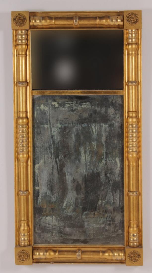 Federal Giltwood Mirror, with Columns & Rosettes: Federal Mirror, c. 1800, giltwood, turned columns, with corner rosettes. (EAST2218){WK} Property Title: From a Manhattan Collector Measurements:44 H x 21.5 W