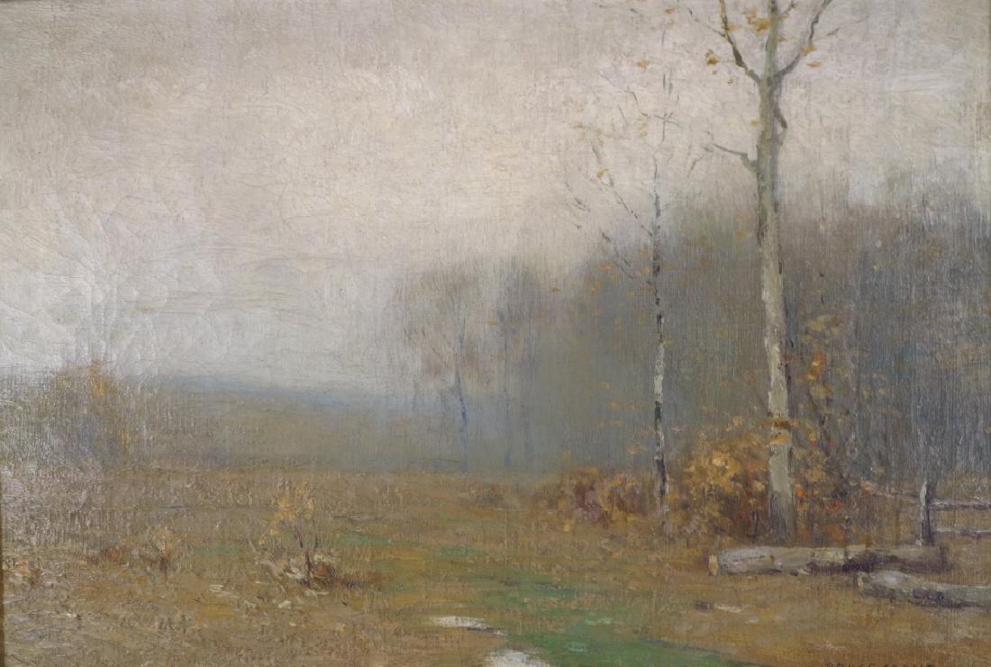 Bruce Crane Mohawk Valley NY O/C 19th C: Bruce Crane (American 1857-1937) "Lowlands of the Mohawk Valley NY" O/C 19th C., signed lower right, "Bruce Crane". Stamped on canvas on verso, "The Marbella Gallery, NYC". [13] (FJACO3405){AC} Prope