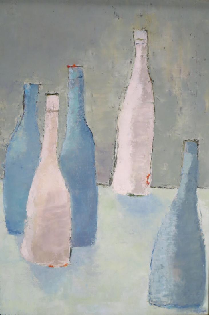 M. Reventlow, Am, 1915-2014, Wine Bottles, 2 Oils: Margaret Reventlow, American born London, 1915 - 2014, Wine Bottles, two oils on canvases, each signed and dated 1977, one with a SCAF Gallery Kent CT exhibition label. (OWL3000/2){TC} Property Title: