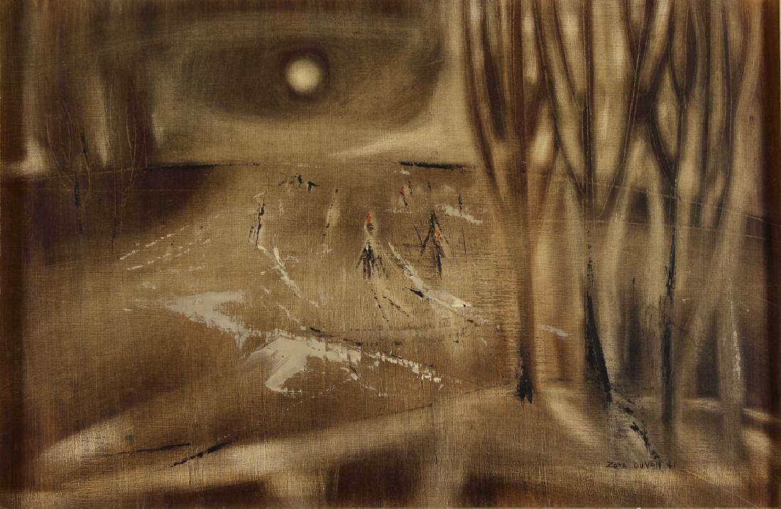 Zora Duvall, "Skaters", Oil on Board, signed.: Zora Duvall, American, b. 1927, "Moonlight Skaters", 1961, oil on board, signed and dated lower right, titled verso. (RMJUN3219){WK} Measurements:12 x 18 Framed: 20 x 26