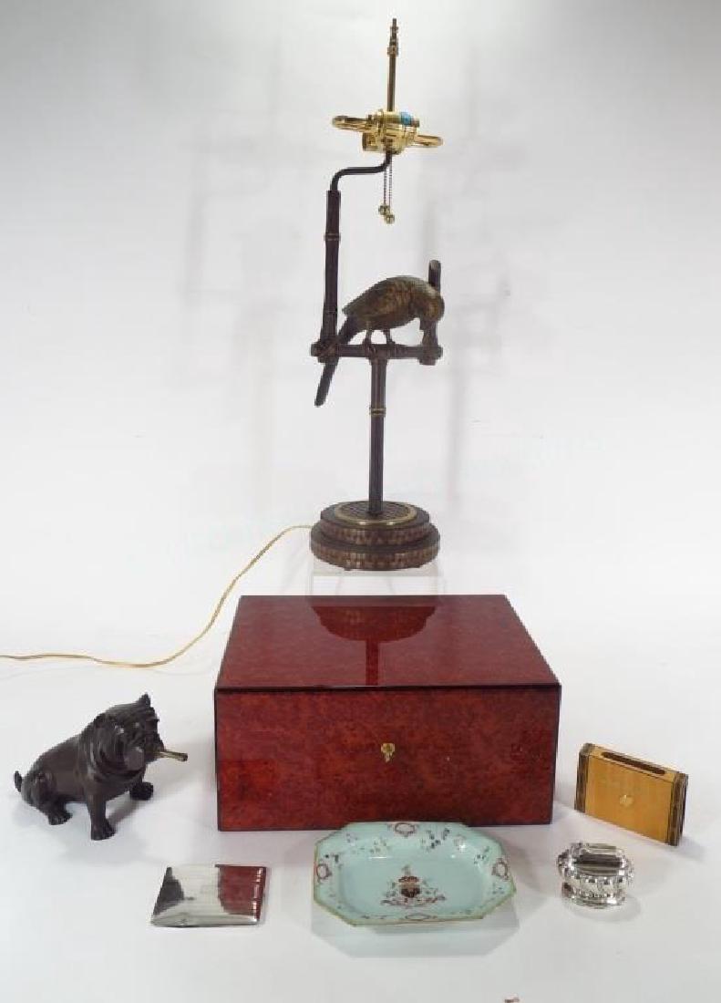 Grp. of Smoking/Desk Accessories: Group of Smoking and Desk Accessories,19th - 20th C., includes Frederick Cooper Parrot Lamp, burled wood humidor, marquetry cigar matchbox, bronze bulldog, european porcelain dish with armorial,sterli