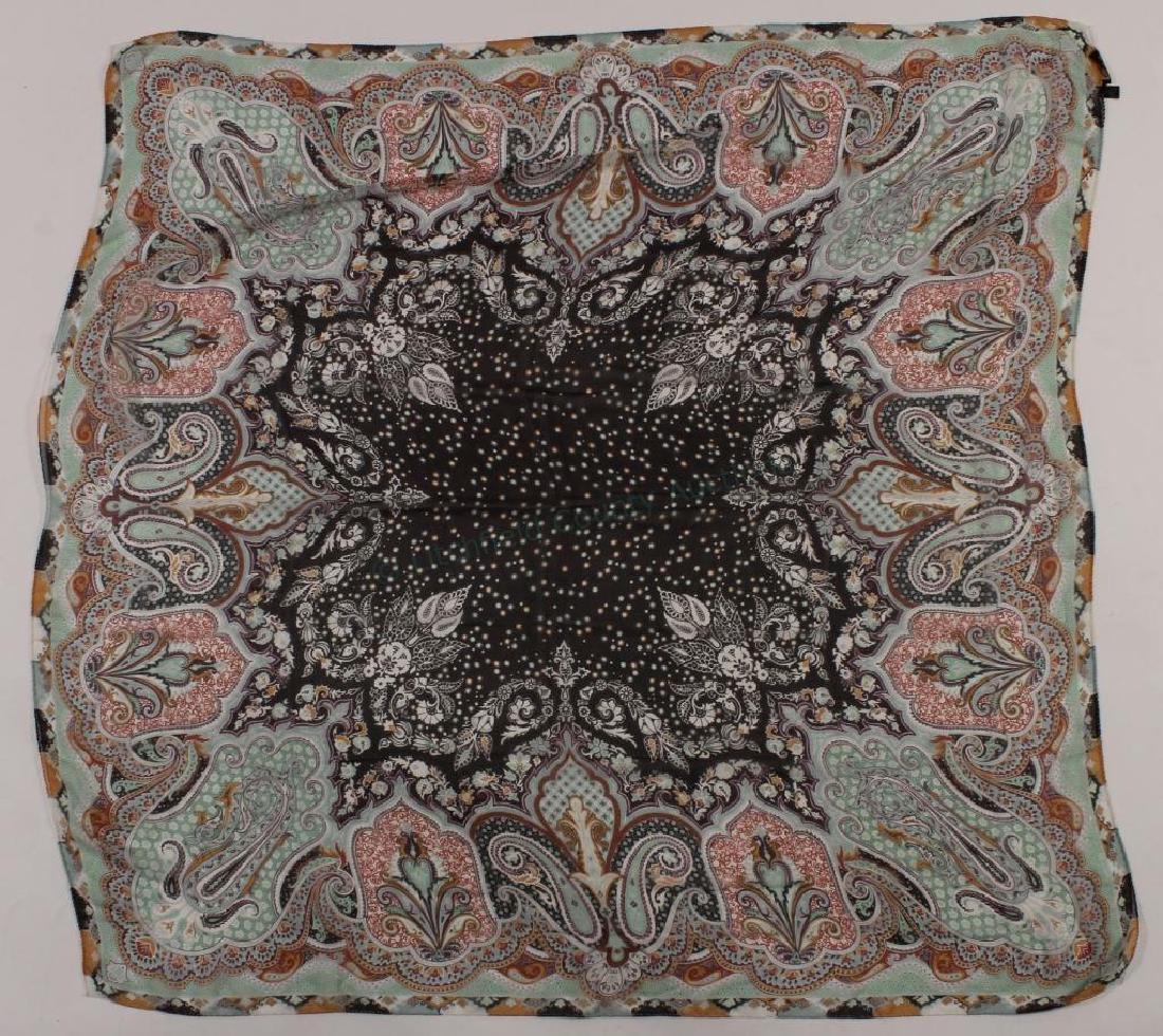 Etro Silk Chiffon Scarves: Etro Silk Chiffon Scarves. All signed. Two squares and one rectangle. {50E725813/3} (KR) Dimensions: Purple rectangle: 44" x 12". Large scarves 52" square. Provenance: Property from an estate at 50 Ea