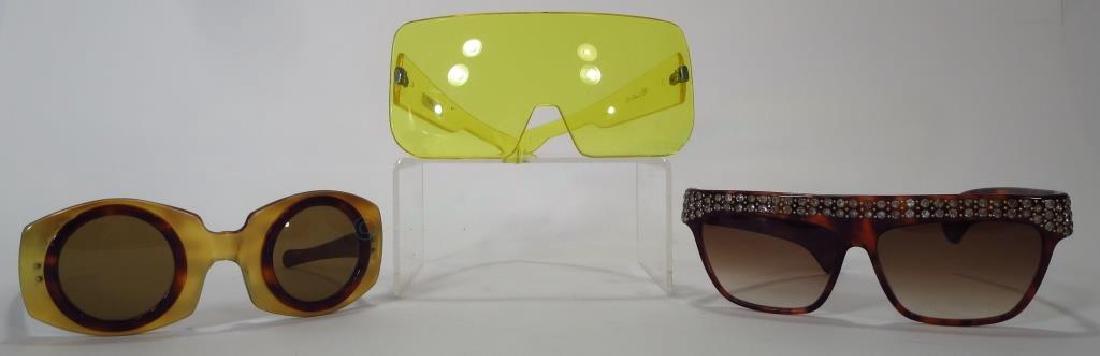 Guy Laroche Sunglasses & Others: Three pairs of designer sunglasses. Brown with rhinestone accents by Guy Laroche. Vintage round tortoise frame with gold trim - Made in France, no name. Yellow shield glasses #724/322 Italy (Dior?) {M