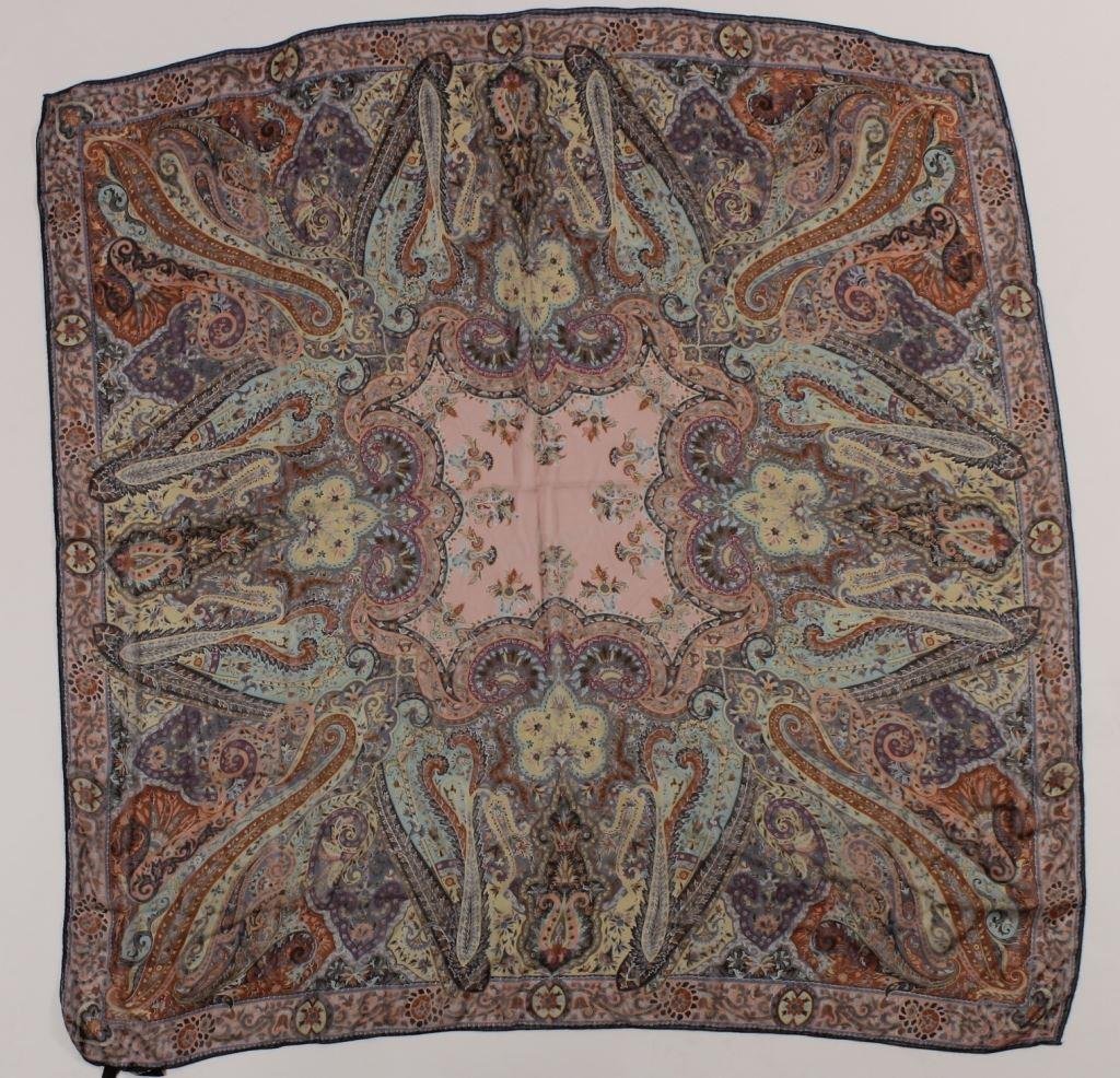 Etro Paisley Silk Chiffon Scarves: Etro Paisley Silk Chiffon Scarves. Three large silk chiffon scarves by Etro with paisley prints. Two scarves are signed, one is no - no label. {50E725814/3} (KR) Dimensions: 52" square Provenance: Pro