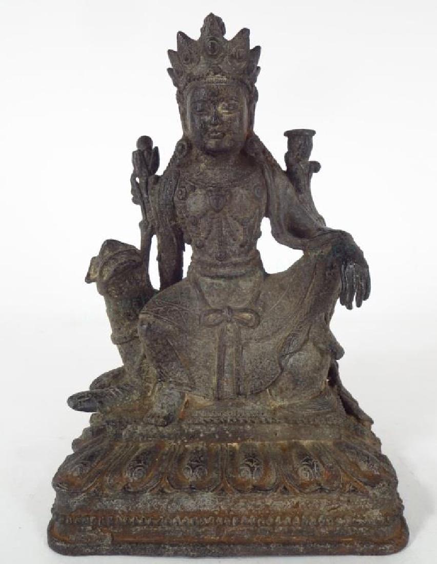 Sino-Tibetan Kubera on Foo, 18/19th C., Iron: Kubera, Sino-Tibetan, 18th -19th C., iron alloy, shown seated on the back of a Foo Dog and seated on a lotus throne. {MANDS3217} (WK) Dimensions: 9.5" H x 6.5" W x 4.5" D Provenance: