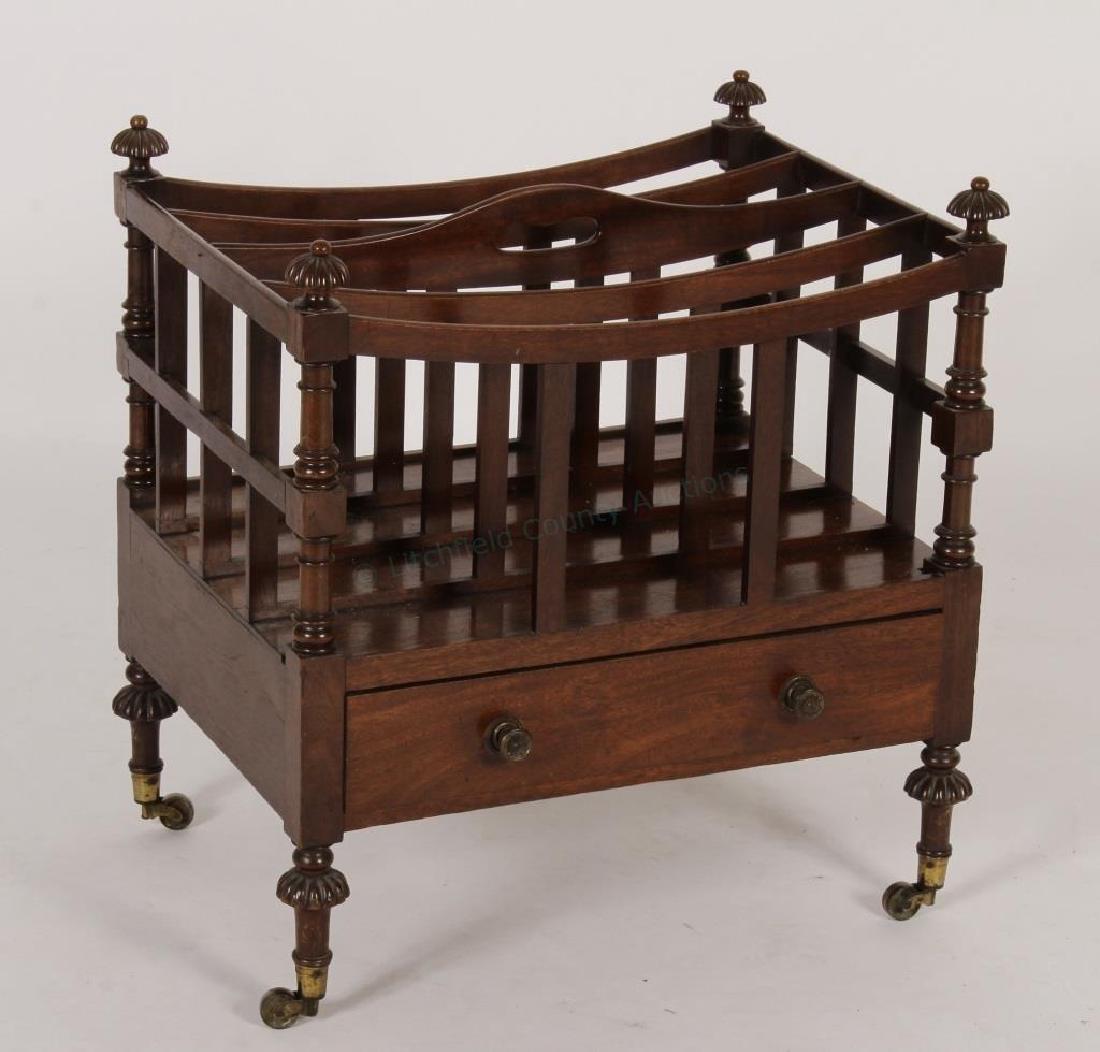 Mahogany Canterbury: Mahogany Canterbury. One drawer magazine rack, "England" stenciled on dovetailed drawer. {HERB5300} (PR) Dimensions: 20" x 18" x 14" Provenance: