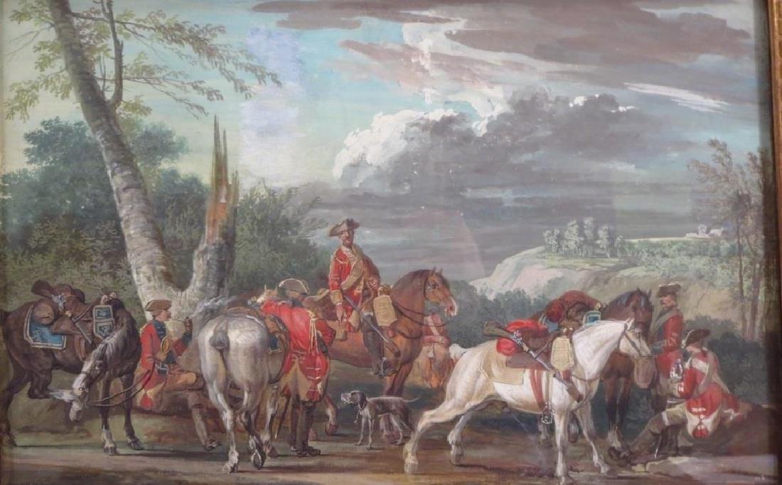 Attrib. Jean Baptiste Le Paon, "Cavalry at Rest": Attrib. Jean Baptiste Le Paon, "Cavalry at Rest" gouache on paper. Signed Le Paon {QZIEG5555} (WWT) Dimensions: 8.25" x 12.25" Frame: 11.5" x 15.5" x 1.25" Provenance: Property from 10 East 85th St, M