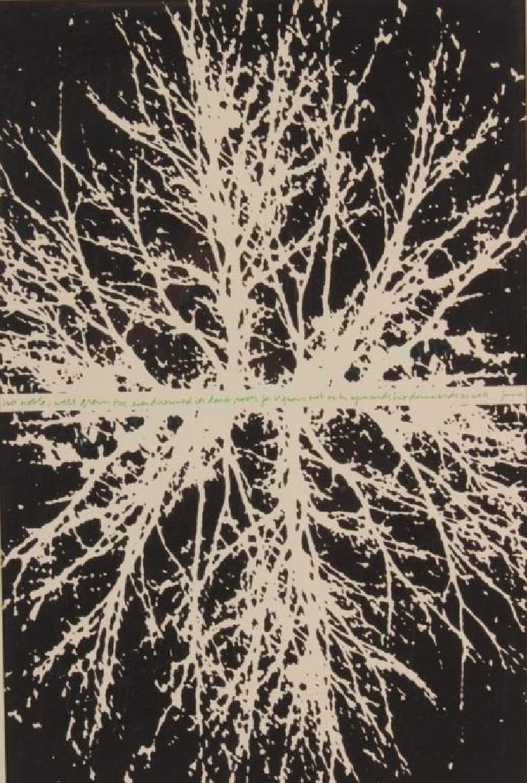 Corita Kent, "downwards as well", serigraph,signed: Corita Kent, American, 1918-1986, "downwards as well",1972, transcribed text "no noble, well grown tree ever disowned its dark roots, for it grows not only upwards, but downwards as well-Jung", color 