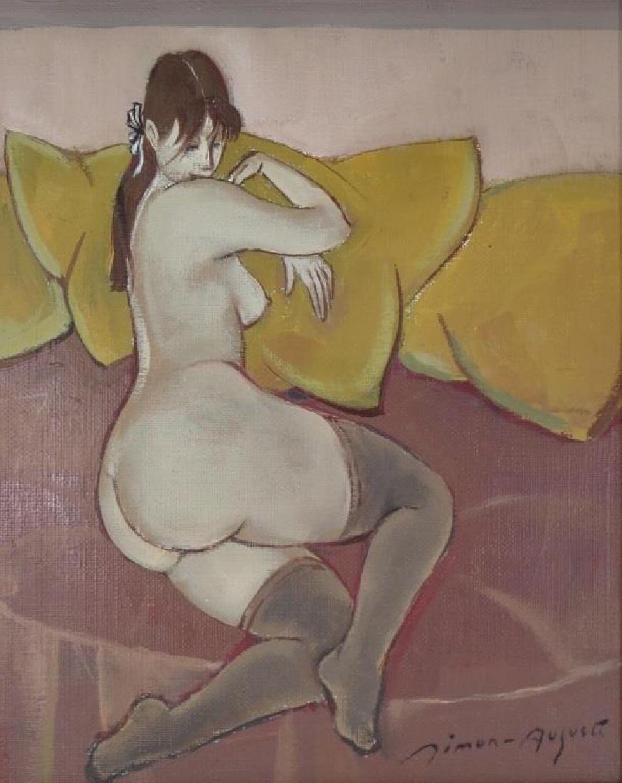 Simon-Auguste 1909-1987 Nude on Yellow Pillows O/C: Simon Joseph Simon-Auguste (French 1909-1987) Nude on Yellow Pillows O/C. Signed lower right: "Simon-Auguste". Inscribed on verso: Nu aux coussins jeune, Simon Auguste". Gallery stamp on verso: "Carol