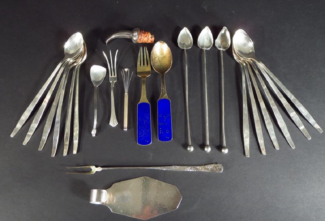 Misc. Sterling/800 Silver Flatware, 19th/20th: 23 pieces of Sterling/.800/835 silver comprising a blue enameled A. Michelsen knife and fork; a long and short pickle/love fork, a dozen (12) Towle ice tea spoons, a hammered small server, 3 heart bow