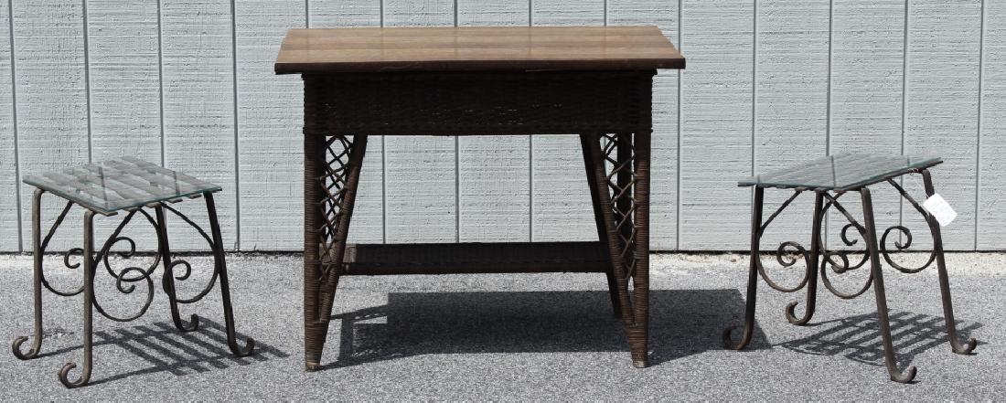 Oak and Wicker Table, & Pair of  Iron Tables. (1 of 3)