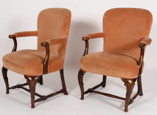 Pair Georgian Style Wood Upholster Library Chairs