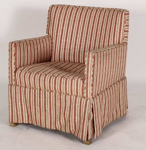 William "Billy" Haines Contemporary Club Chair: William "Billy" Haines Contemporary Striped Upholstered Club Chair (JDRU6104) {MM} Dimensions: 31"H x 25 1/2"W x 25"D Provenance:From a Washington Connecticut Home