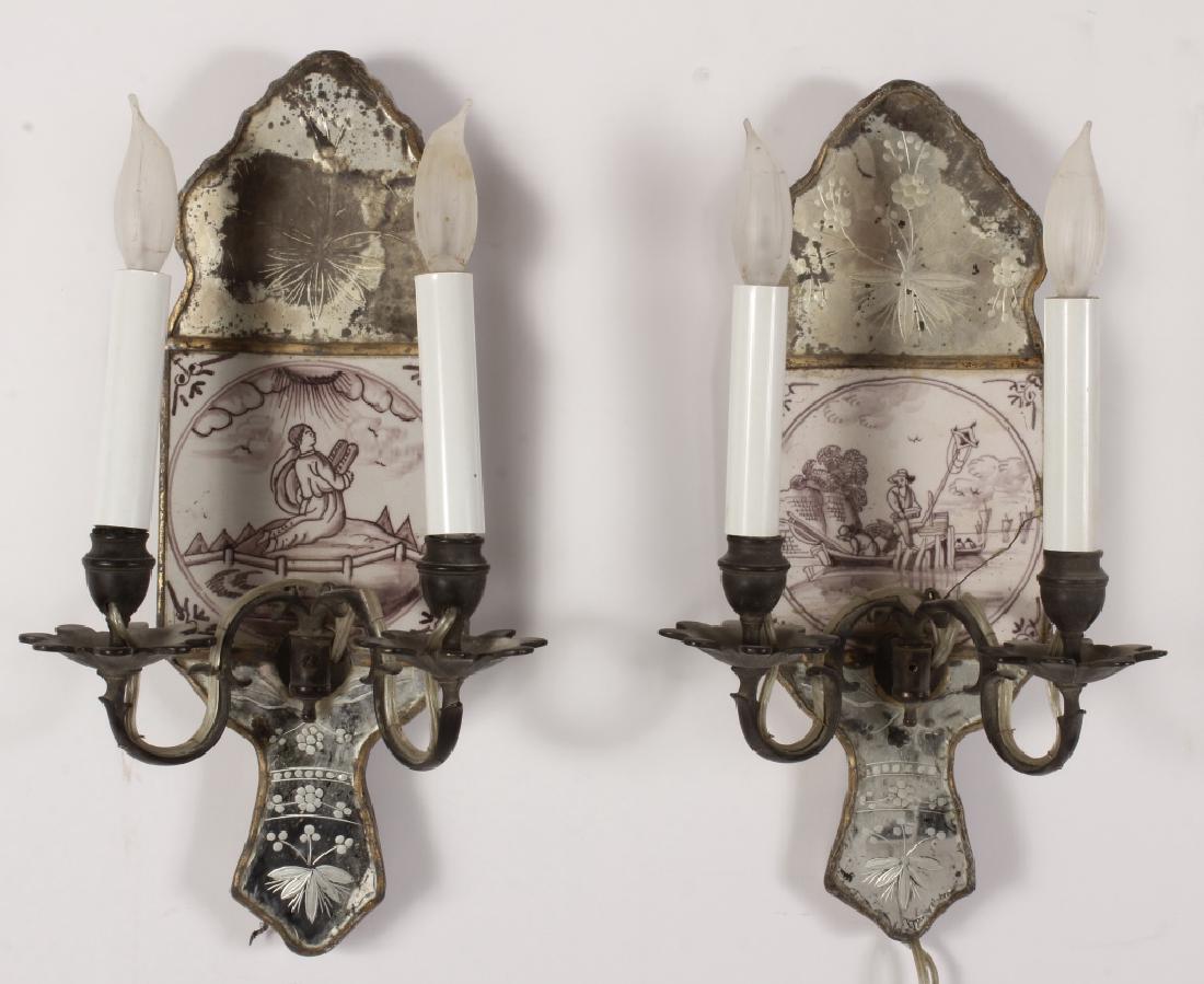 Pr. Of Continental Mirrored & Delft Sconces, 18thC (1 of 7)