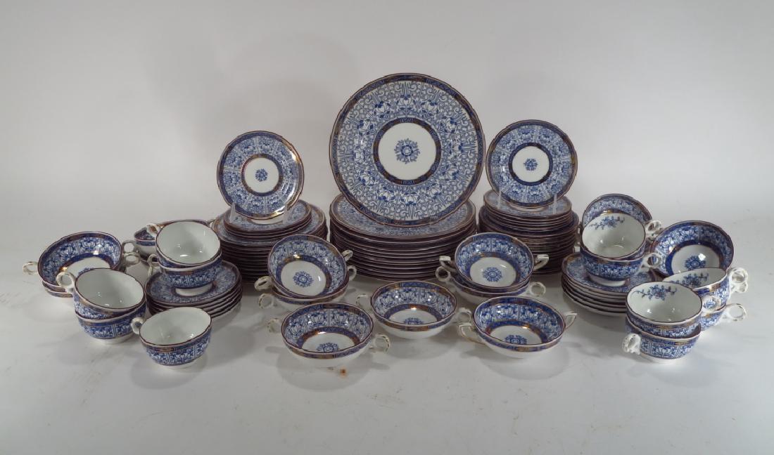 Lot of Royal Worcester, Royal Lily Pattern: Lot of Royal Worcester Bone China, 20th C., Royal Lily Pattern, comprised of dinner, salad and bread plates, bouillon saucers and tea cups with saucers, marked, one dinner plate is 19th C.(85 Pcs) (CA