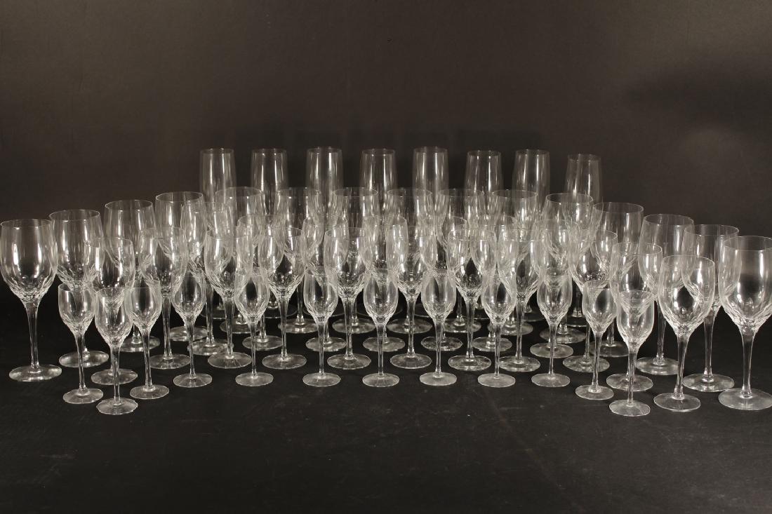 50 Pcs. Orrefors "Prelude" Stemware, 1962: Fifty pieces of Orrefors "Prelude" Stemware, c. 1962, in 4 sizes, 10" flutes, 8.25" red wine, 7.25" white wine, 6" H cordials. We have located two different Orrefors marks on a few glasses, but while 