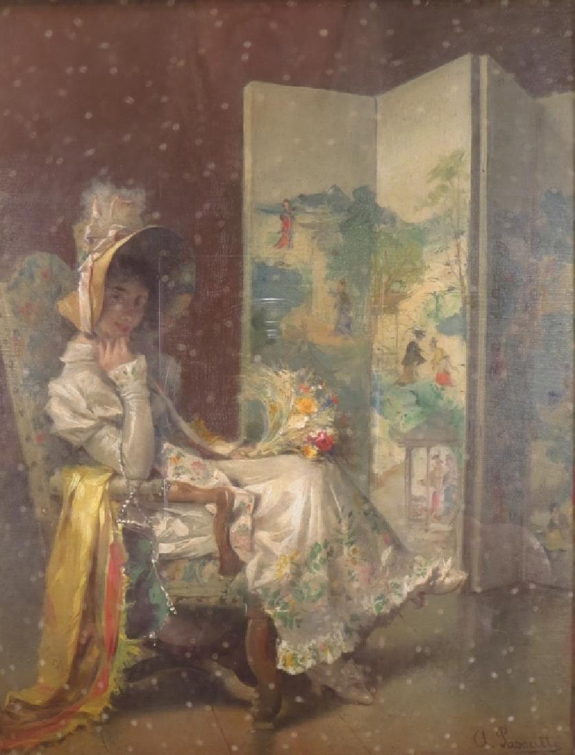 Antonio Pascutti. It.,1832-1892,Pensive Beauty O/B: Antonio Pascutti. Italian, 1832-1892, Pensive Beauty and Japanese Screen, c. 1875, oil on panel, in a period giltwood frame inside an ebonized Eastlake shadow box. NOTE: the artist is known for these 
