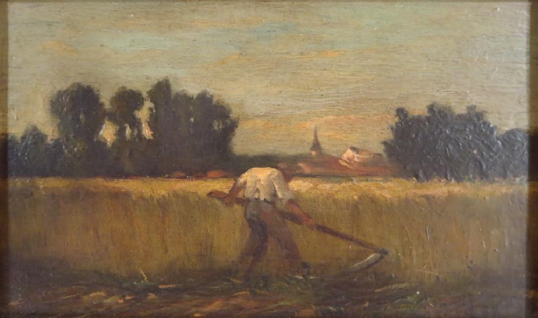 In the Manner of Jean Francois Millet,Gleaner, O/B: In the Manner of Jean Francois Millet, Gleaner,oil on board, initialed lower right, verso wax seal of crown and shield, gallery and auction label (HABE6121) {MM} Dimensions: 4 3/4 x 8, framed 7 1/2 x 