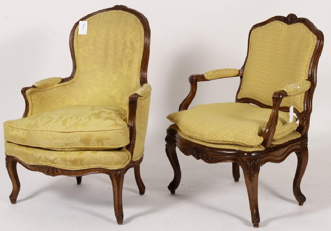 Louis XV Wood Carved Fauteuil and Bergere: Louis XV Wood Carved and Upholstered Fauteuil and Bergere, 18th C., fauteuil signed {VITZ4104/2} (MM ) Dimensions: 35"H x 29"W x 24"D, 37"H x 29"W x 24"D Note: This lot is being relisted due to non-pa