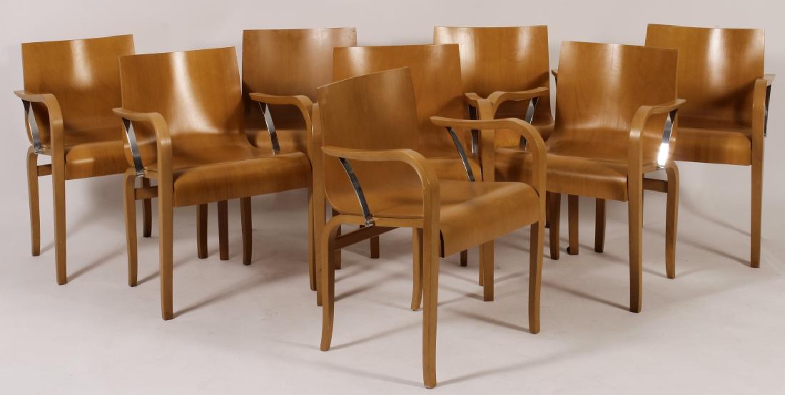 Set of 8 Franzolini Knoll Studio Dining Arm Chairs: Set of 8 Franzolini Knoll Studio Contemporary Modern Dining Arm Chairs, Stainless Steel and Natural Beech, paper labels on some, "Made in Italy". Designed by Enrico Franzolini in 1989. {AGOO7401/8} (A