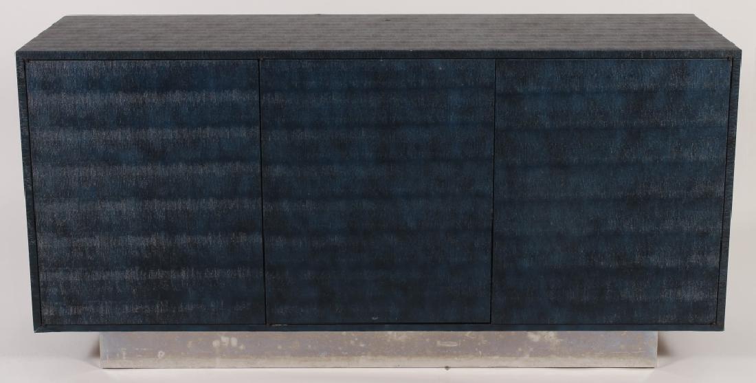 Deep Blue Faux Shagreen 3-Door Cabinet, Custom: Deep Blue Faux Shagreen 3-Door Cabinet on Chromed Plinth, bench made, doors with quality spring latches and hinges, blue painted interiors and drawers, late 20th c. {ACGQ7035} (TC ) Dimensions: 65" H 