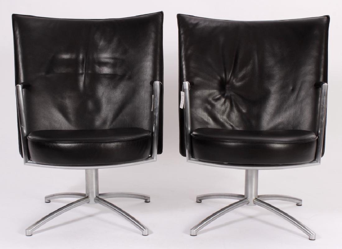 Pr. of Foersom+Hiort-Lorenzen Chairs by Jorgensen: Pair of Johannes Foersom + Peter Hiort-Lorenzen Black Leather and Steel EJ-70 Swivel Chair, manufactured by Erik Jorgensen,Denmark, matte steel finish, makers label to underside(2 Pcs) {MBUY8103/2} (M