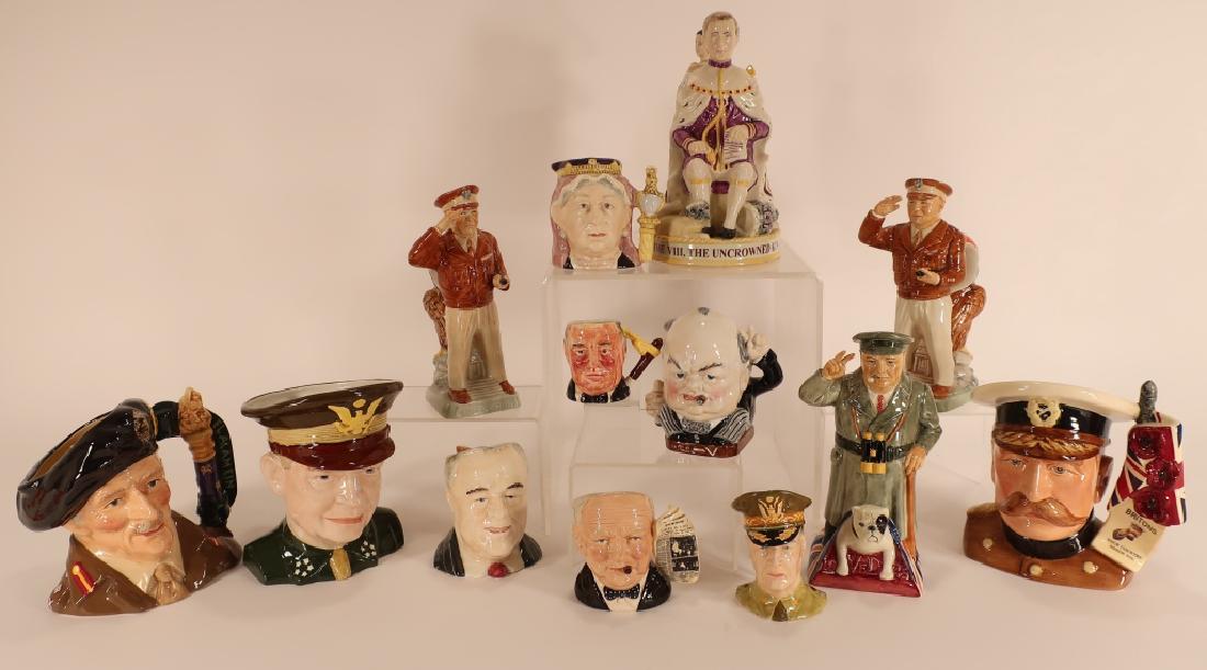 13 Toby Jugs:. - Edw VII, Ike, Monty, Churchill: A Mixed group of 13 Toby Jugs by various makers including limited editions - Edward VII "The King's Dilemma"by Kevin Francis, 233/350;; Royal Doulton's larger Montgomery 1343/2500; Kitchener 801/1500;