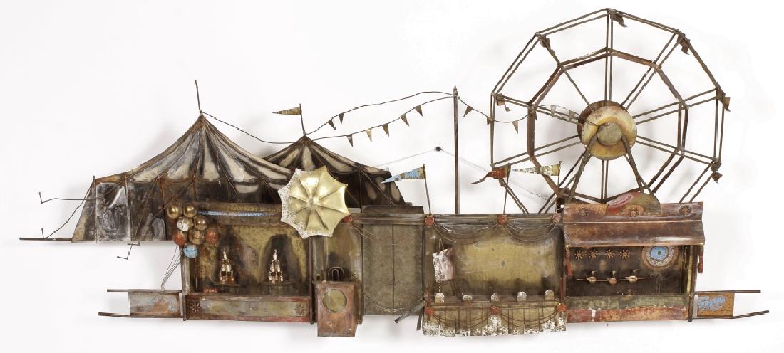 Curtis Jere, Carnival with Booths and Ferris Wheel: Curtis Jere, Carnival with Booths and Ferris Wheel, signed lower right, patinated and painted mixed metals. {ACGQ7009} (TC ) Dimensions: 50" L x 21" H x 7" D Provenance: From the estate of Amy and the