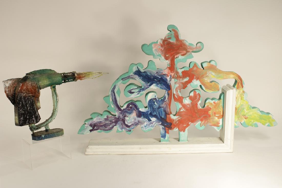 Stevan Jennis, Am., b. 1945, 2 Sculptures, M/M: Stevan (Steven) Jennis, Am., b. 1945, 2 Sculptures, a polychromed papier mache rocket gun and painted and cut wood abstract form, the former signed and dated 1979. See www.stevanjennis.com {POLO7003/2