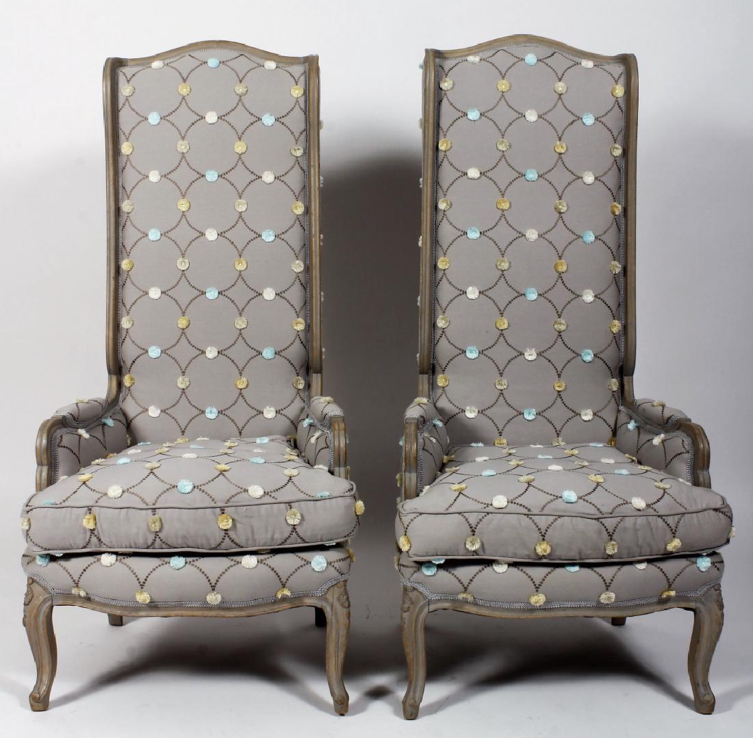 Pair of Kelly Wearstler Inspired Bergere: Pr. of Kelly Wearstler inspired Louis XV Style Bergere, 20th C., limed finish, whimsical upholstery [NORTH8101/2] (MM) Dimensions: 54 1/2 x 25 x 34