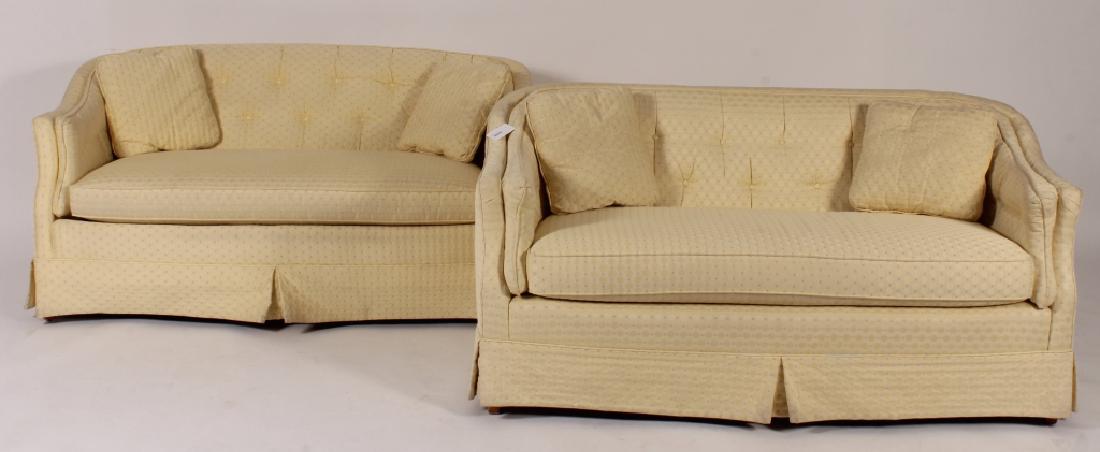 Pair of Yellow Upholstered Settees Love Seats: Pair of Yellow Upholstered Settees, Love Seats. [AGOO7410/2] (AC) Dimensions: 58" x 30" x 29" Provenance: From the Estate of Anthony C. Gooch