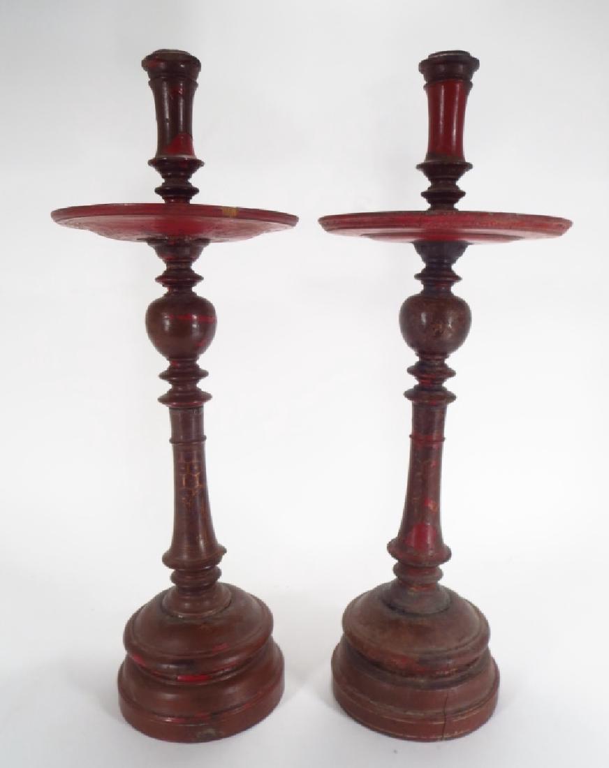 Pair of Large Turned Wood Candlestick, 19th C. (1 of 5)