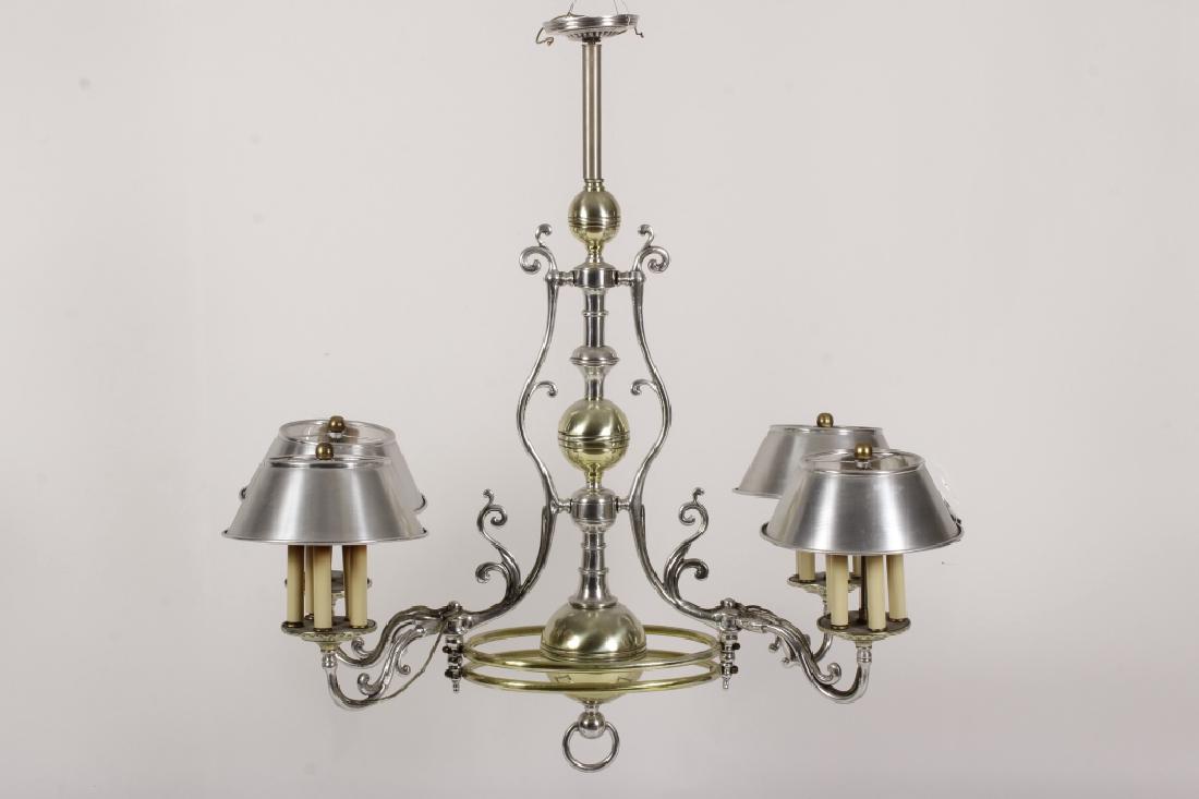 Georgian Bouillotte Style Pendant Lighting Fixture: Georgian Bouillotte Style Brass and Silver Finished 20 light Billiard/Counter Pendant Lighting Fixture, with 4 metal shades [QCHA8107] (MM) Dimensions: 38" x 38" x 38" Provenance: Property from 174 Ea