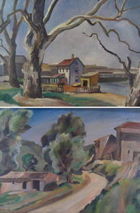 Robert Hallowell, Am., 1886-1939, Two Oils: Robert Hallowell, American, 1886-1939, Two Paintings, Church on Hill; Farmhouse on River, oil on canvas, Church, signed lower left R. Hallowell, 28'; Farmhouse, signed lower left. Provenance: Marbella