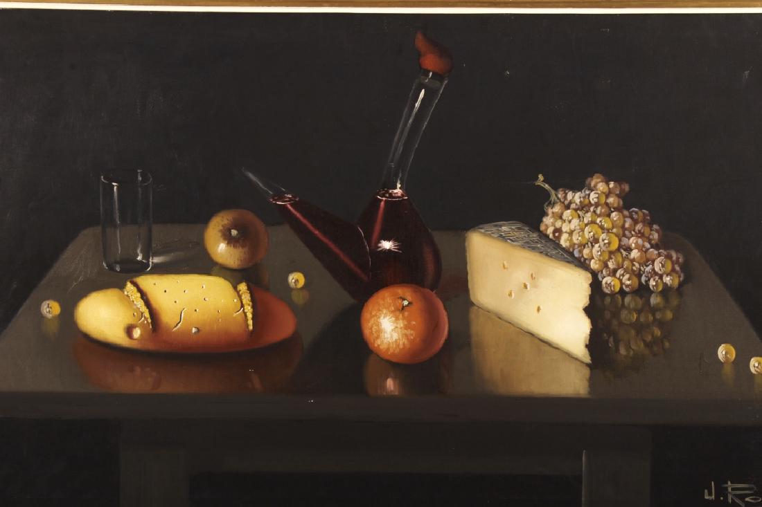 J. Ross, Mid-20th C., Still Life, Oil on Canvas: J. Ross, Mid-20th C., Still Life with Fruit, Cheese, Bread and Wine, Oil on Canvas, signed lower right [YAZR8502] (WT) Dimensions: 24 x 39.5; Framed: 28 x 44 x 2
