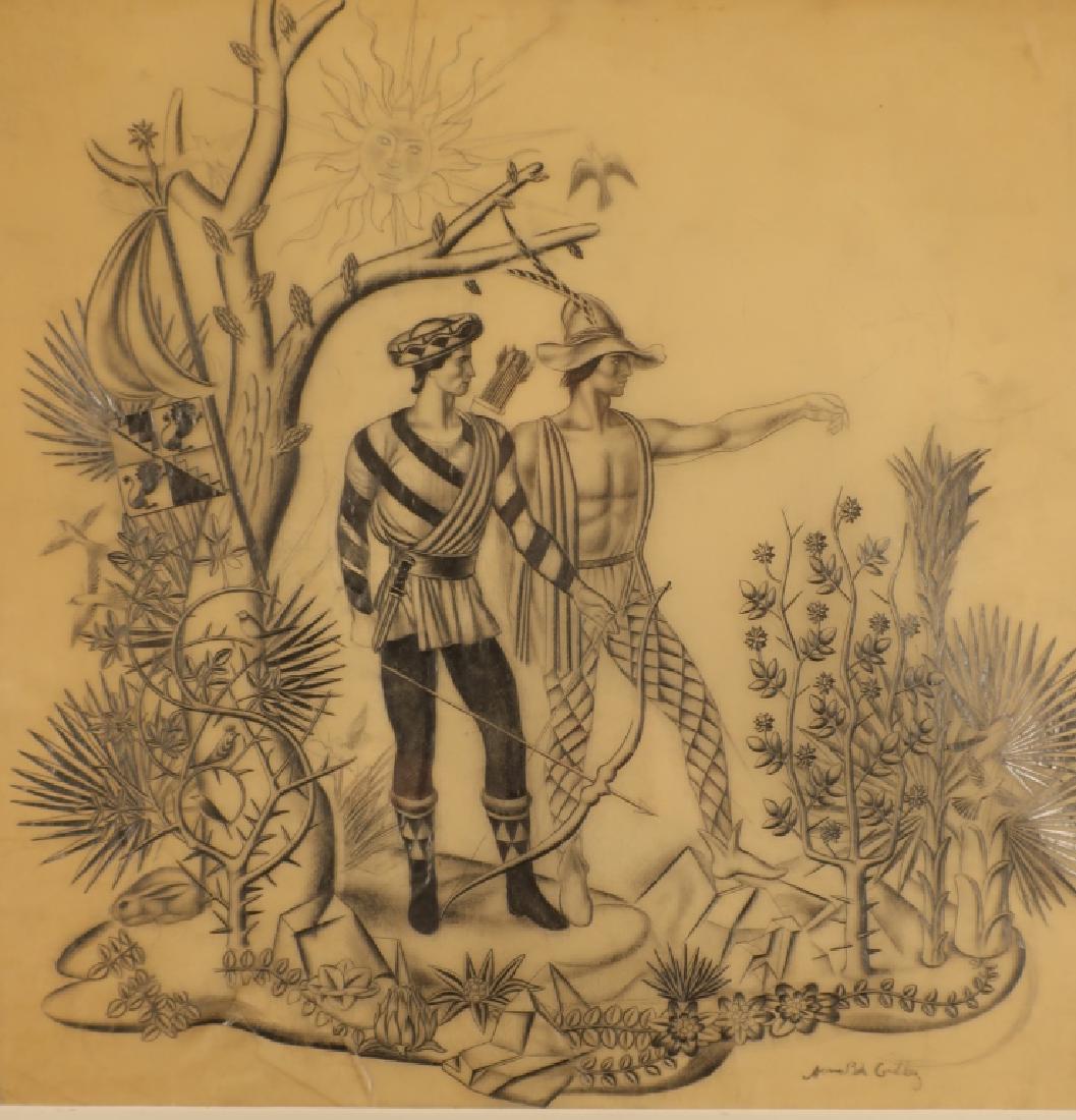 Norman Bel Geddes Am. 1893-1958 Theatrical Design: Norman Bel Geddes (American 1893-1958) Theatrical Design, c. 1930's, depicting two male figures, an archer and falconer, pencil on tracing paper, signed lower right, "Norman Bel Geddes". [PWINJ8407] (
