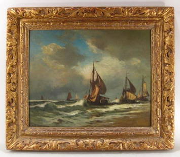 William Henry Howe, 1846-1929 "Fishing Boats, Sand: William Henry Howe, American, 1846-1929, "Fishing Boats, Sandfort, Holland", Oil on Board, signed lower left 'William H.Howe' Verso inscribed by artist with title and monogram,1895, 'Fishing Boats, Sa