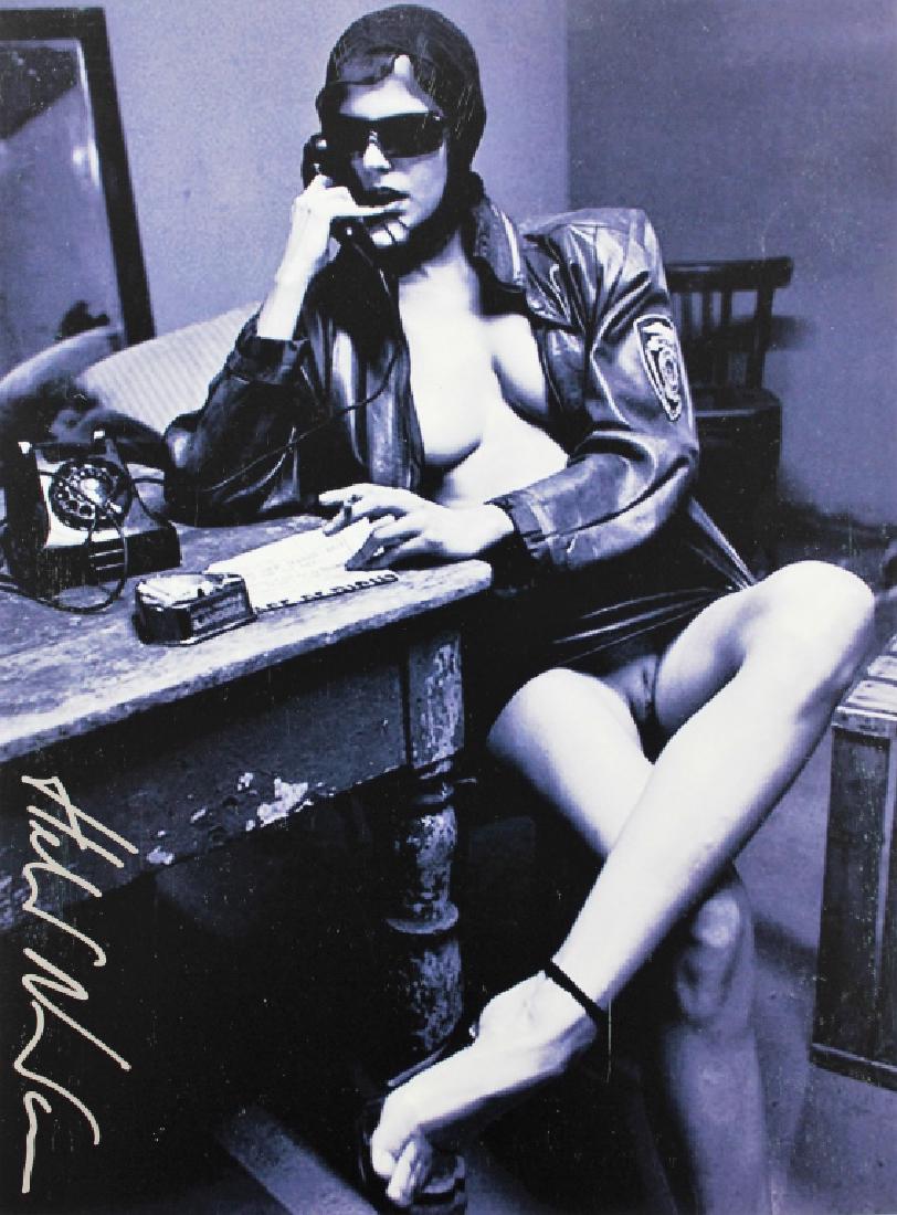 Helmut Newton 1920-2004 Nude Signed Photo: Helmut Newton (German-Australian 1920-2004) Nude in Leather w/ Cigarette and on Telephone, Photograph / Ink-Jet Print, signed in silver ink lower left side, "Helmut Newton". [JRUB8405] (AC) Dimensions