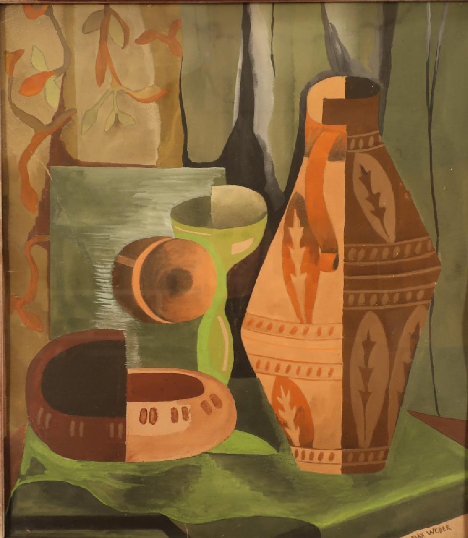 Attr. to Max Weber 1881-1961 Cubist Still-Life Gouache: Attributed to Max Weber (American 1881-1961) Cubist Still-Life, gouache on carton, signed lower right, "Max Weber". [PWINJ8405] (AC) Dimensions: 18" x 11" Frame: 22" x 20"