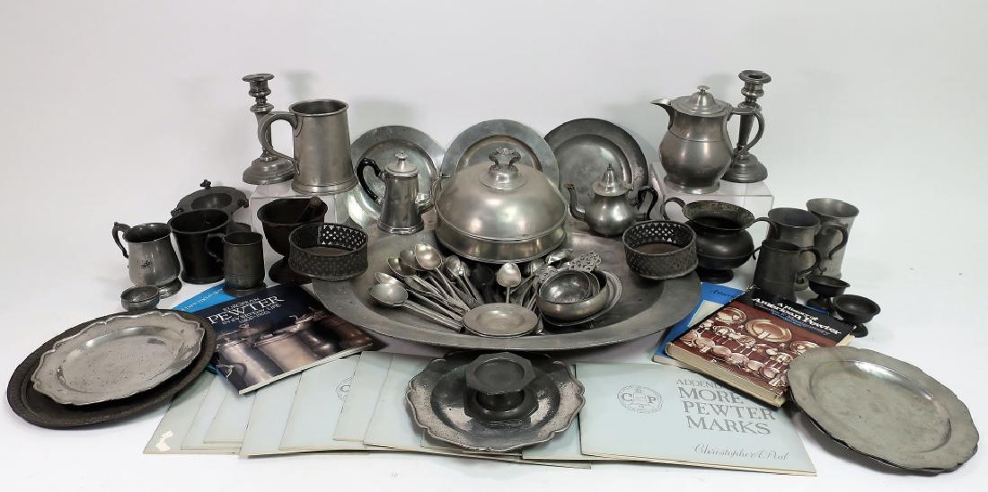 Antique Pewter Group: Tray, Mug Etc., 17th-19th C.: Antique Pewter Tray Etc., 17th-19th C., English, Continental and American, includes plates, mugs, tea/coffee pots, spoons, a meat dome, porringers, salts etc. Also 2 tin wine coasters, iron mortar and