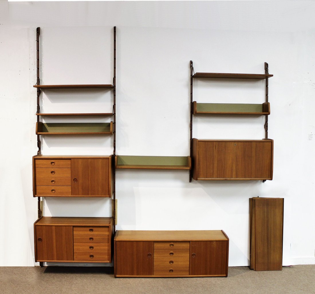 Blindheim Møbelfabrik Ergo Wall System: Blindheim Møbelfabrik Ergo,c.1960- 1970, Teak Wood Wall System consisting of 6 wall brackets, 5 flat open shelves of different depths, 3 wood ended shelves , 2 tilting flat shelves, one cabinet with