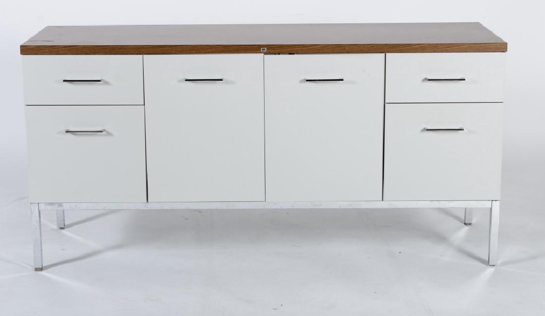 Steelcase Metal/Laminate Credenza: Steelcase,Inc., Grand Rapids Michigan, Painted Metal/Chrome and Wood laminated Credenza, raised metal makers mark to drawer interior (JHEY9107) [MM] Dimensions: 29 1/2"H x 60"W x 20"D Provenance: From