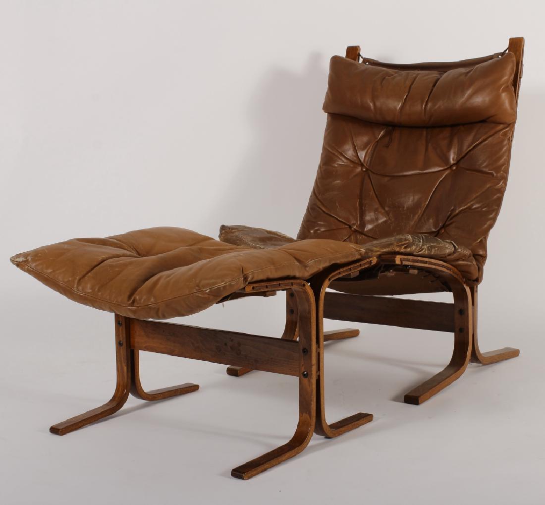 Ingmar Relling Siesta Chair/Otto for Westnofa: Ingmar Relling, Norwegian,1920-2002, Siesta Chair and Ottoman for Westnofa, c. mid -1960, wood with canvas strapped upholstery, tufted leather (QLAL9113/2) [MM] Dimensions: Chair 39"H x 25"W x 36"D, O