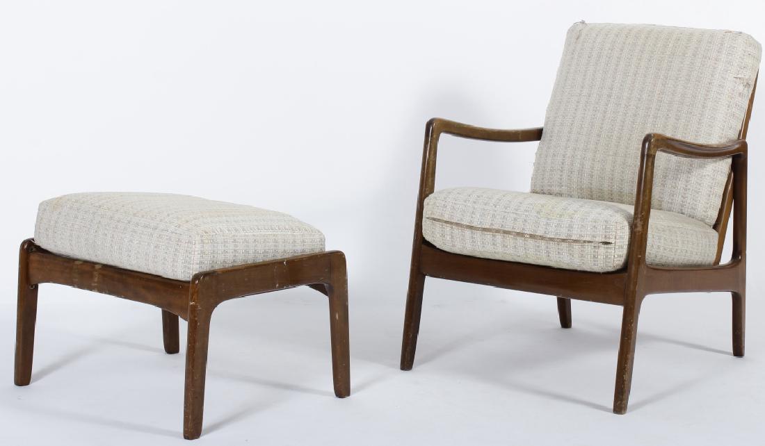 Mid Century Modern Wood Frame Lounge Chair/Ottoman: Mid Century Modern Wood/Upholstered Cushioned Lounge Chair and Ottoman,c.1960, chair with wooden ladder back, wire foundation, ottoman with wood slatted foundation, possibly Kofod Larsen (NAWH9100/2) 